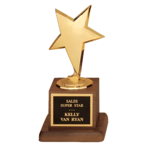 Modern Gold Finish Star Casting on Walnut Finish Base with Black Brass Plate