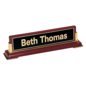 Rosewood Piano Finish Nameplate with Gold Metal Accents, Black Plate