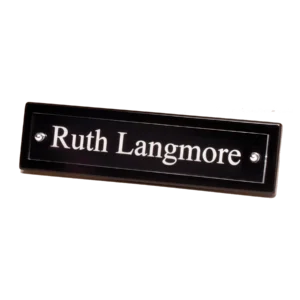 Black Piano Finish Nameplate with Acrylic Engraving Plate, Two Silver Posts
