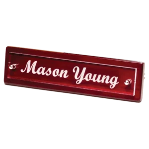Rosewood Piano Finish Nameplate with Acrylic Engraving Plate, Two Silver Posts