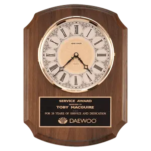 Walnut Quartz Clock, Brass Diamond Spun Bezel, Glass Lens, Ivory Dial, Plate