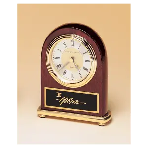 Rosewood Arch Piano Finish Clock, Brass Base, Diamond Spun Dial, 3 Hand Movement