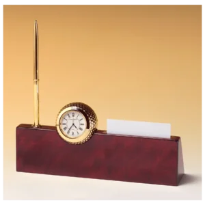 Gold Metal Golfball Clock on Rosewood Piano Nameplate, Business Card Holder, Pen