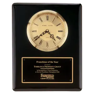 Black Piano Finish Clock, Waterfall Bezel w/Glass Lens, Gold Dial, Plate