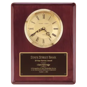 Rosewood Piano Finish Clock, Waterfall Bezel w/Glass Lens, Gold Dial, Plate