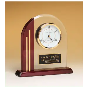 Arch Clock with Glass Upright and Rosewood Piano Finish Post and Base, Plate