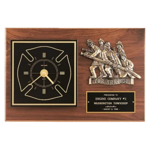 Walnut Plaque w/Gold Maltese Cross Clock/Firefighter Relief/Black Brass Plate