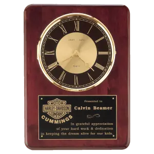 Rosewood Piano Finish Clock, Brass Bezel w/Glass Lens, Black/Gold Dial, Plate