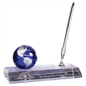 Blue Crystal Globe with Base and Pen
