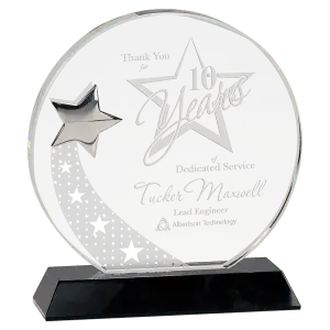 Large Round Crystal with Silver Star on Black Pedestal Base