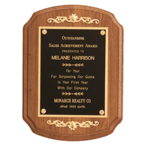 American Walnut Plaque with Gold Casting Accents and Black Plate