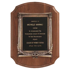 American Walnut Notch Corner Plaque w/Antique Bronze Frame/Black Brass Plate