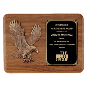 Walnut Plaque with Scupltured Eagle Casting and Black/Gold Brass Plate