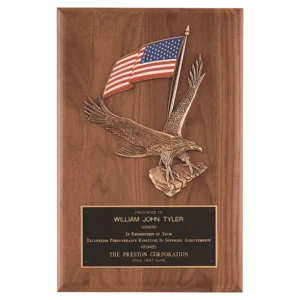 Eagle with Flag Casting on American Walnut Plaque with Black Brass Plate