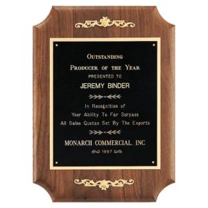 American Walnut Notched Plaque with Gold Casting Accents and Black/Gold Plate