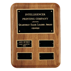 AirFlyte Edge Walnut Quarterly Award Perpetual Plaque wth Black Brass Plates