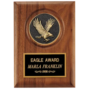 Walnut Plaque with Detailed Black/Gold Eagle Medallion and Black Brass Plate