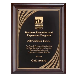 Cherry Finish Plaque with Black Cascading Gold Swirl Brass Plate