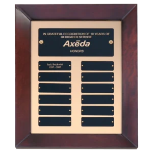 Cherry Finish Perpetual Plaque w/12 Black Brass Plates on Brushed Gold Backer