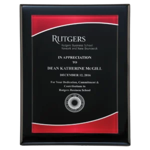 Acrylic Plate with Red Border on a Black Piano Finish Plaque