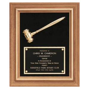 American Walnut Frame with Gold Electroplated Metal Gavel on Black Velour