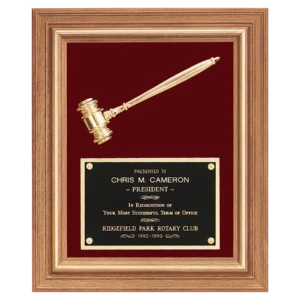 American Walnut Frame with Gold Electroplated Metal Gavel on Maroon Velour