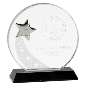 Small Round Crystal with Silver Star on Black Pedestal Base