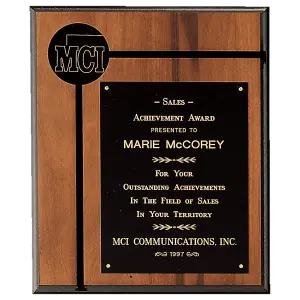 American Walnut Routed Plaque w/Black Brass Plate and 2 1/2" Black Brass Disc