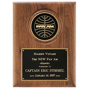 American Walnut Plaque with 4" Diameter Black Disc and Black Brass Plate