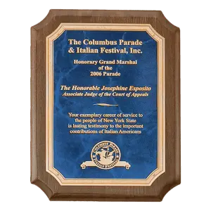 Walnut Finished Piano Plaque with Sapphire Marble/Gold Florentine LaserFX Plate