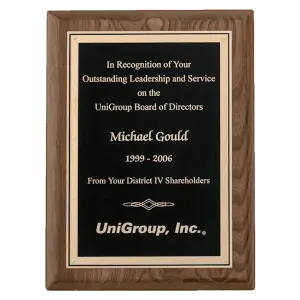 Walnut Stained Piano Finish Premium Plaque w/Black/Gold Florentine LaserFX Plate