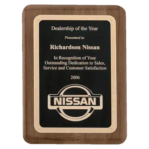 Walnut Stained Piano Finish Premium Plaque w/Black/Gold Florentine LaserFX Plate