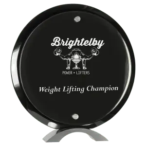 Large Round Black Piano Finish Floating Acrylic Standup with Silver Base