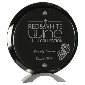 Small Round Black Piano Finish Floating Acrylic Standup with Silver Base