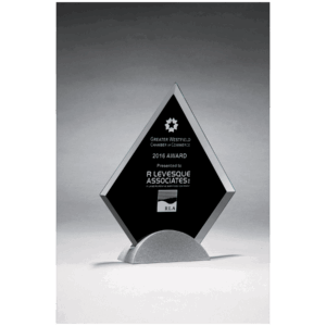 Diamond Shaped Glass Award, Black Silkscreen on Silver Metal Base