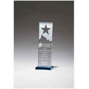 Etched Clear Glass Award with Star and Mountain Peak on Blue Glass Base
