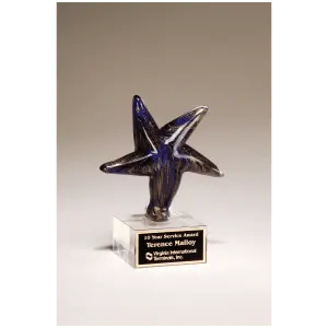 Blue Star Art Glass w/Gold Metallic Highlights & Black Laserable Aluminum Plate