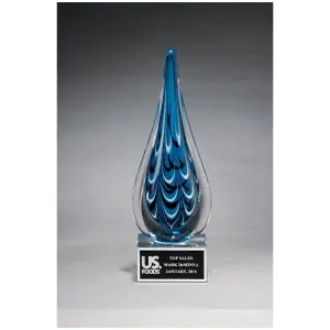 Blue and Black Teardrop Art Glass with Black Laserable Aluminum Plate