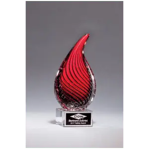 Red Teardrop Art Glass on Clear Glass Base/Black Laserable Aluminum Plate