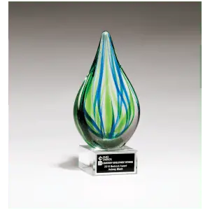 Blue and Green Teardrop Art Glass with Black Laserable Aluminum Plate