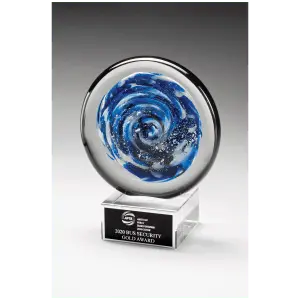Blue and White Disc Art Glass with Black Laserable Aluminum Plate