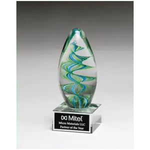 Blue and Green Helix Egg Shaped Art Glass with Black Laserable Aluminum Plate