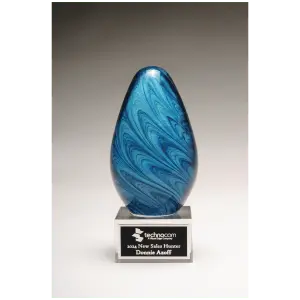 Blue and Green Egg Shaped Art Glass with Black Laserable Aluminum Plate