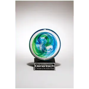 Disk Art Glass w/Blue and Ligh Green Accent and Black Laserable Aluminum Plate