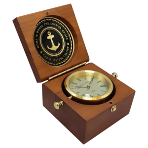 Mahogany Finish Captain's Clock, Brass Clock Housing, 4 1/4" Diameter Brass Disc