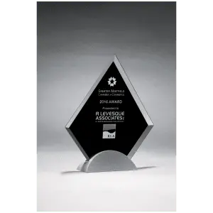 Diamond Shaped Glass Award, Black Silkscreen on Silver Metal Base