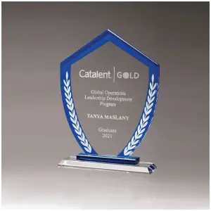 Shield Shaped Glass Award with Blue Border and White Laurel Leaves