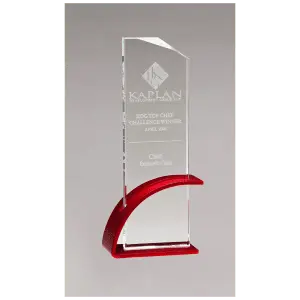 Red Contemporary Clear Glass Award, Arched Base with Matte Metallic Finish