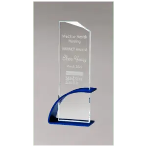 Blue Contemporary Clear Glass Award, Arched Base with Matte Metallic Finish